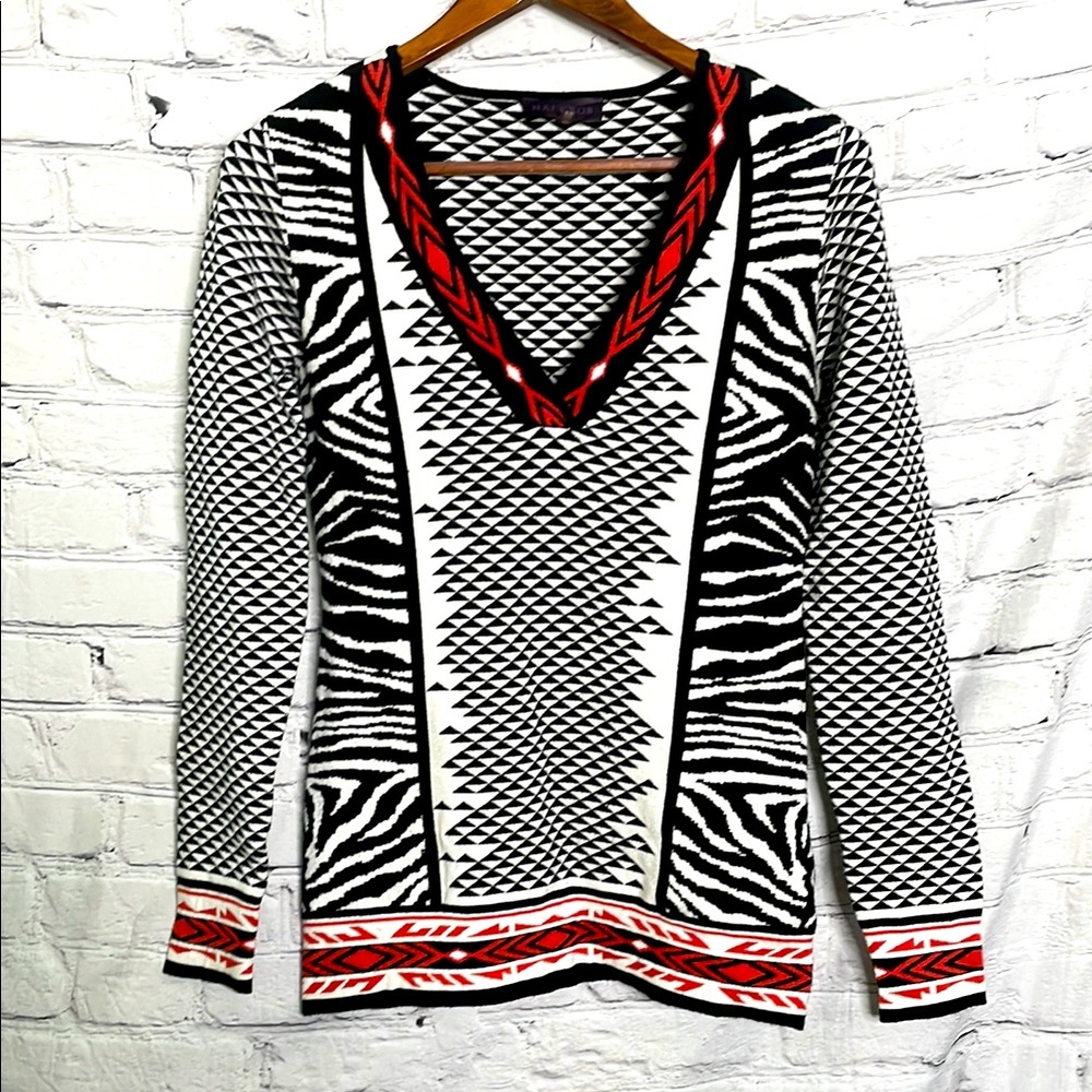 Anthropologie Hale Bob Black White Red Aztec Print V-Neck Sweater Size Medium